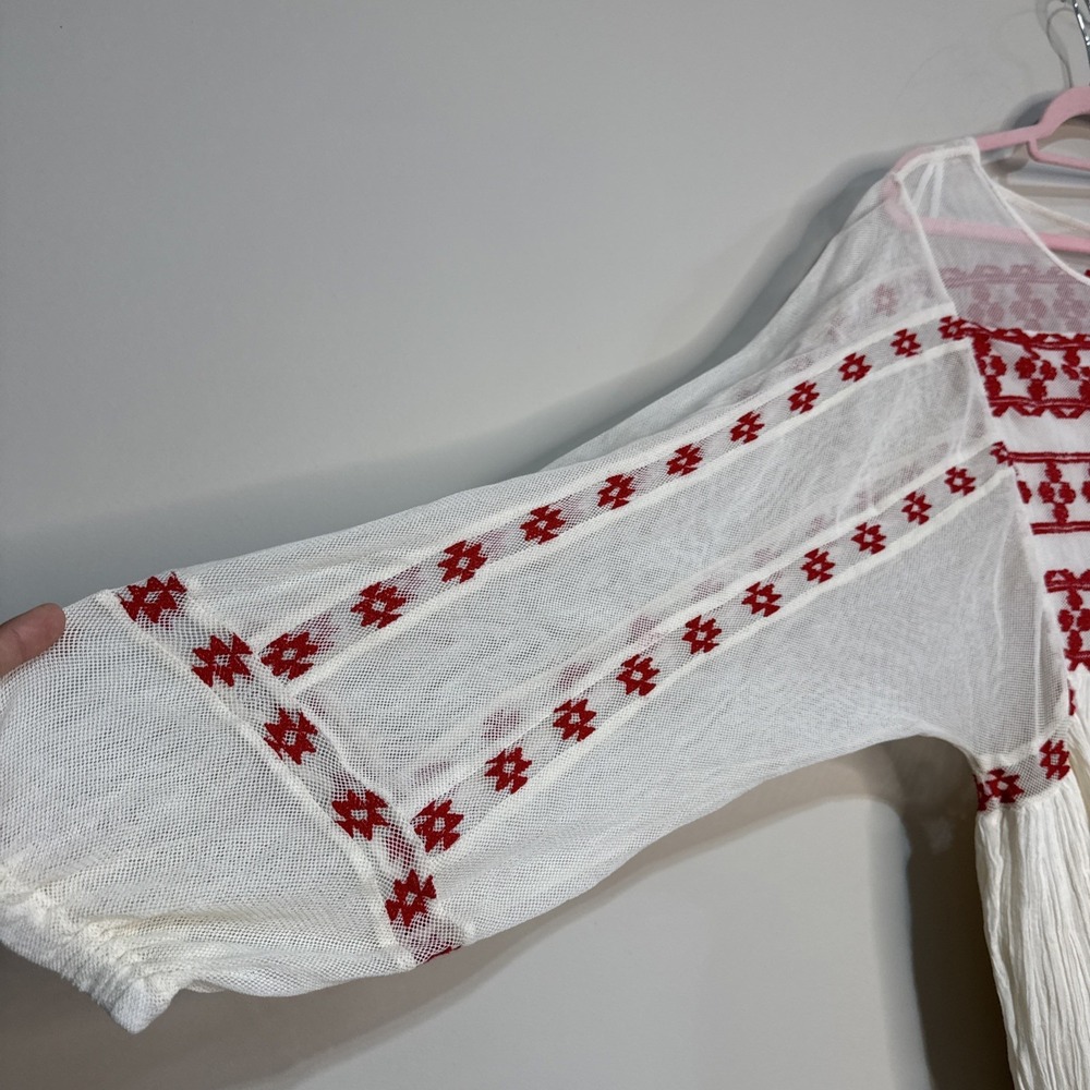 NWT Free People Women Need Me Mini Flowy Dress Ivory Long Sleeve Red Embroidery - Picture 7 of 16
